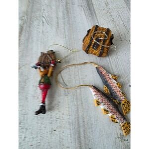 Vintage fishing fisher moose ornament fish basket xmas‎ tree set